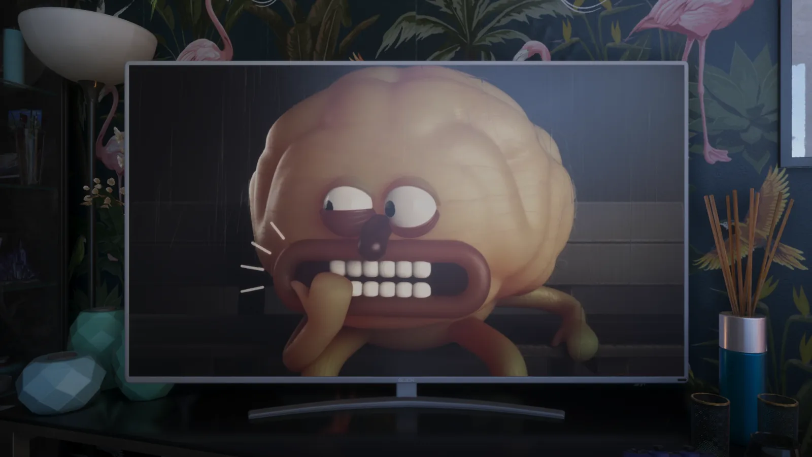 A bizarre animated character grimacing on an in-game TV screen in GTA 6