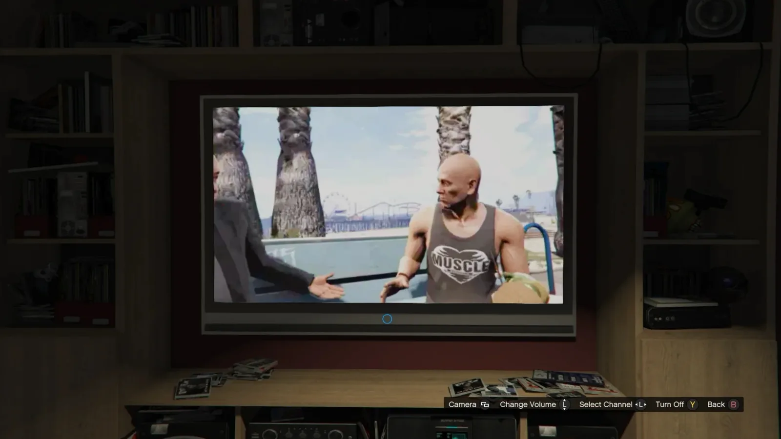 GTA 5 in-game television showing a fishing show with channel and volume controls on screen