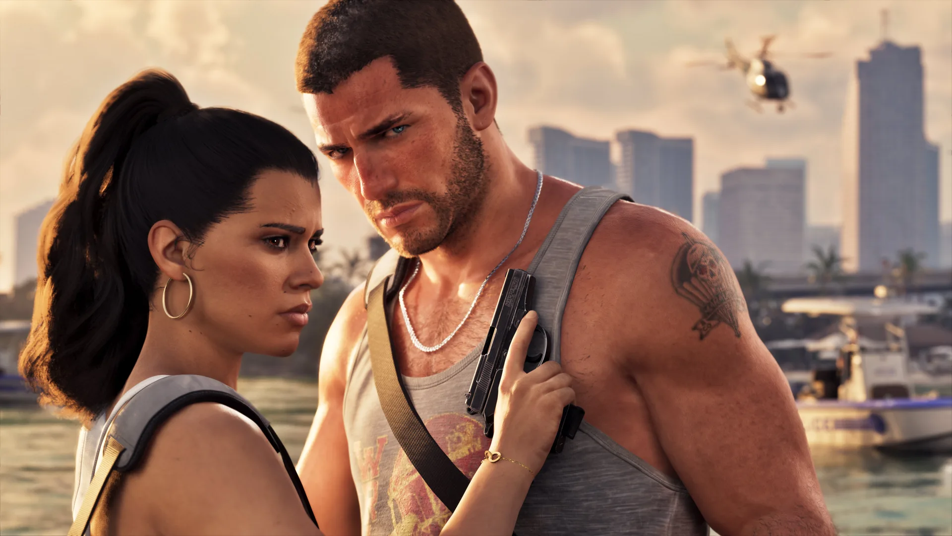 Lucia and Jason stand close together on a waterfront in GTA 6 with a police helicopter and patrol boat behind them.