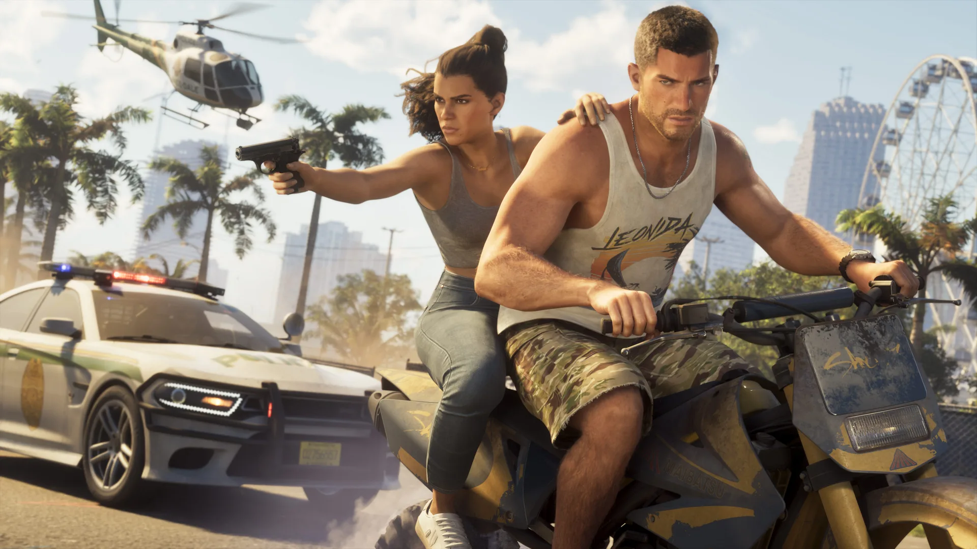 Lucia rides pillion on a dirt bike driven by Jason in GTA 6, aiming a pistol back at a pursuing police car and helicopter.