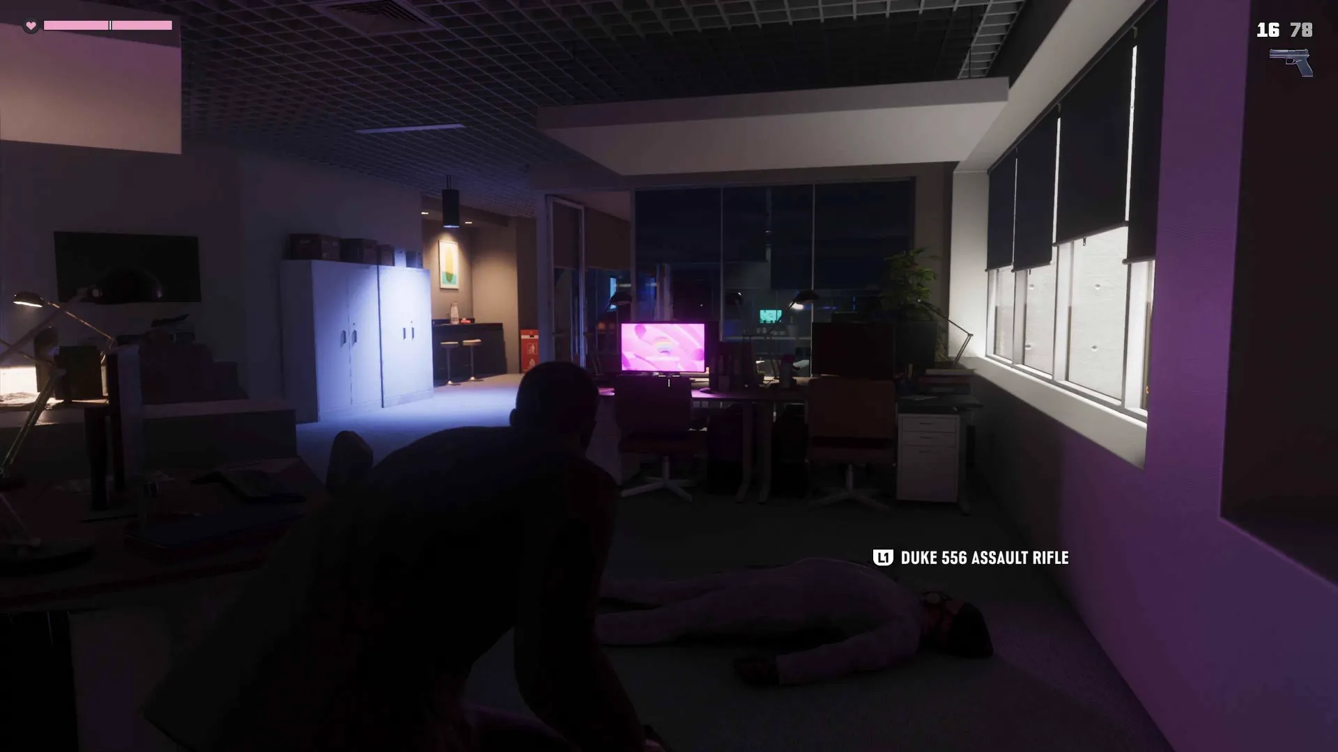 On-screen pickup prompt naming the Duke 556 Assault Rifle during the office shootout in the GTA 6 Extended Look.
