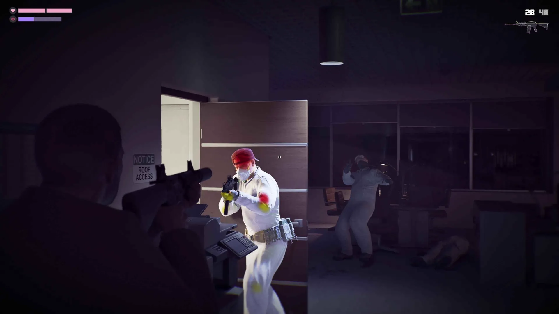 Jason aiming a rifle in a dark GTA 6 office at a masked man in white overalls whose hands, arm and leg glow with yellow and red weak point highlights beside a roof access notice