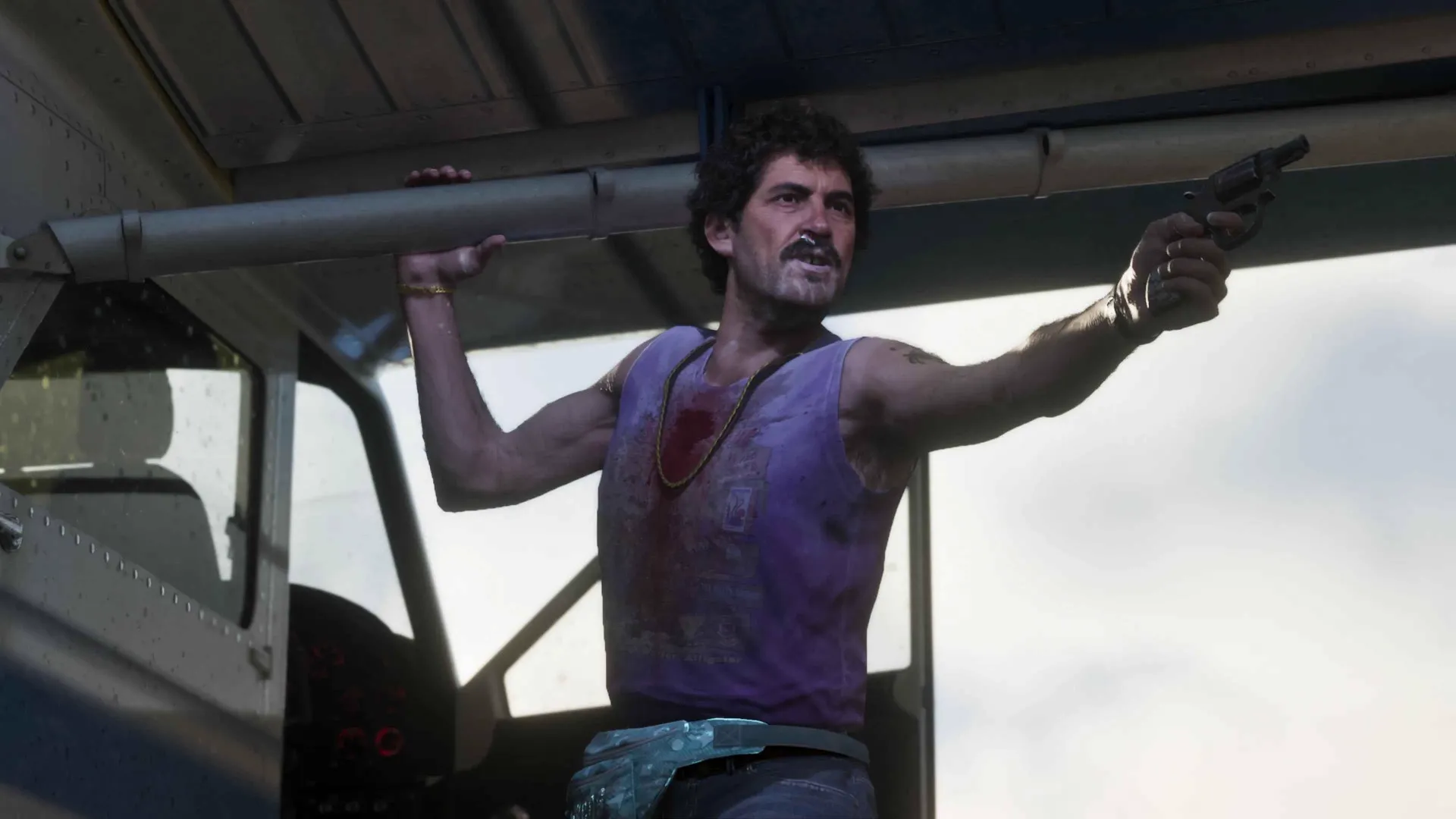 A moustached GTA 6 character in a bloodstained purple vest gripping an overhead rail with one hand while aiming a revolver from the open side of a small seaplane