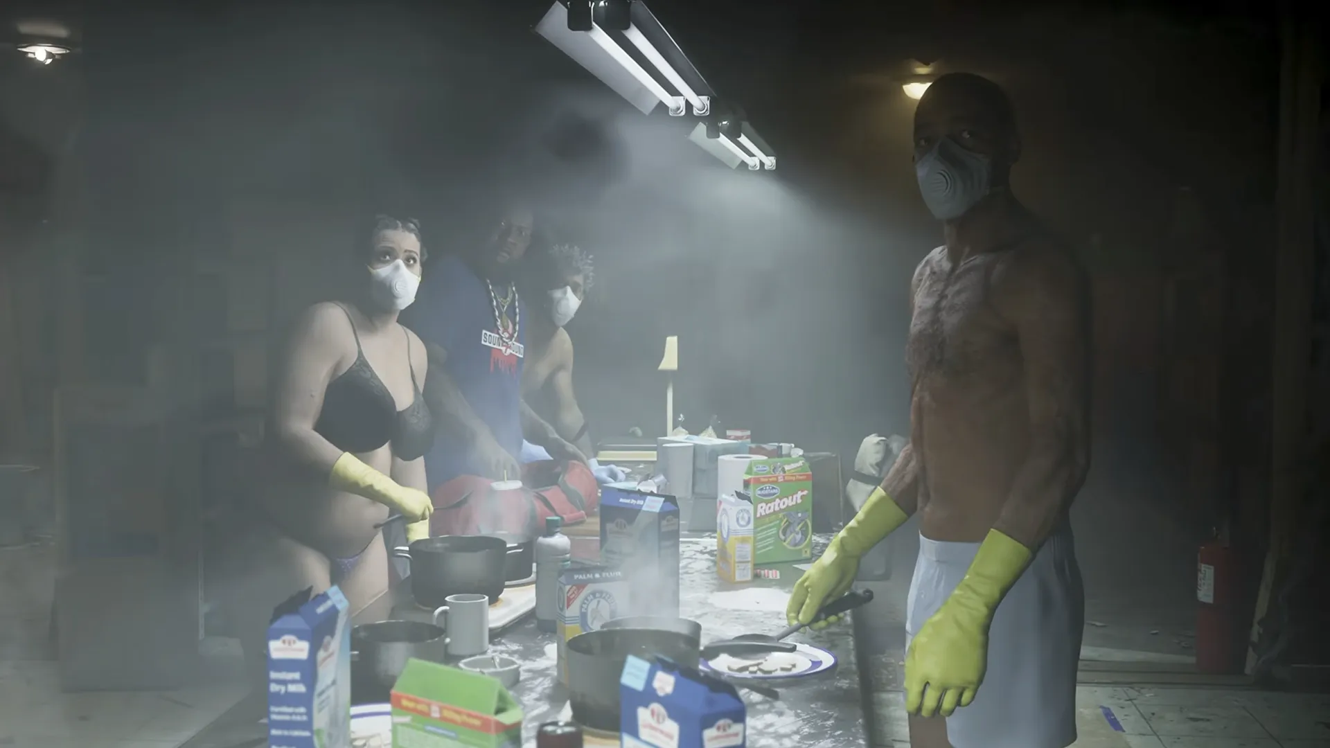 Masked workers cooking product at tables inside the Venture Apartments drug lab in the GTA 6 Extended Look.