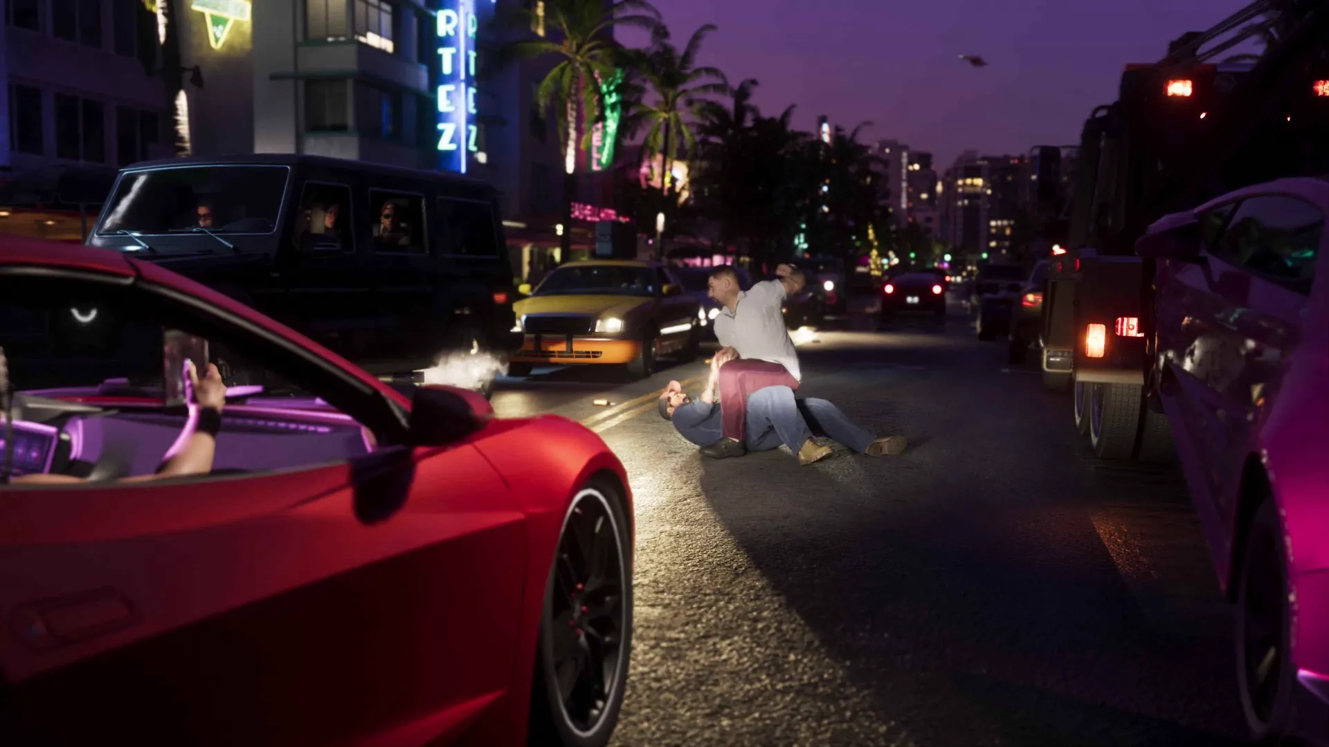 A man in a white shirt beats another man pinned to a neon-lit GTA 6 street at night while stopped drivers watch and one films from a red convertible