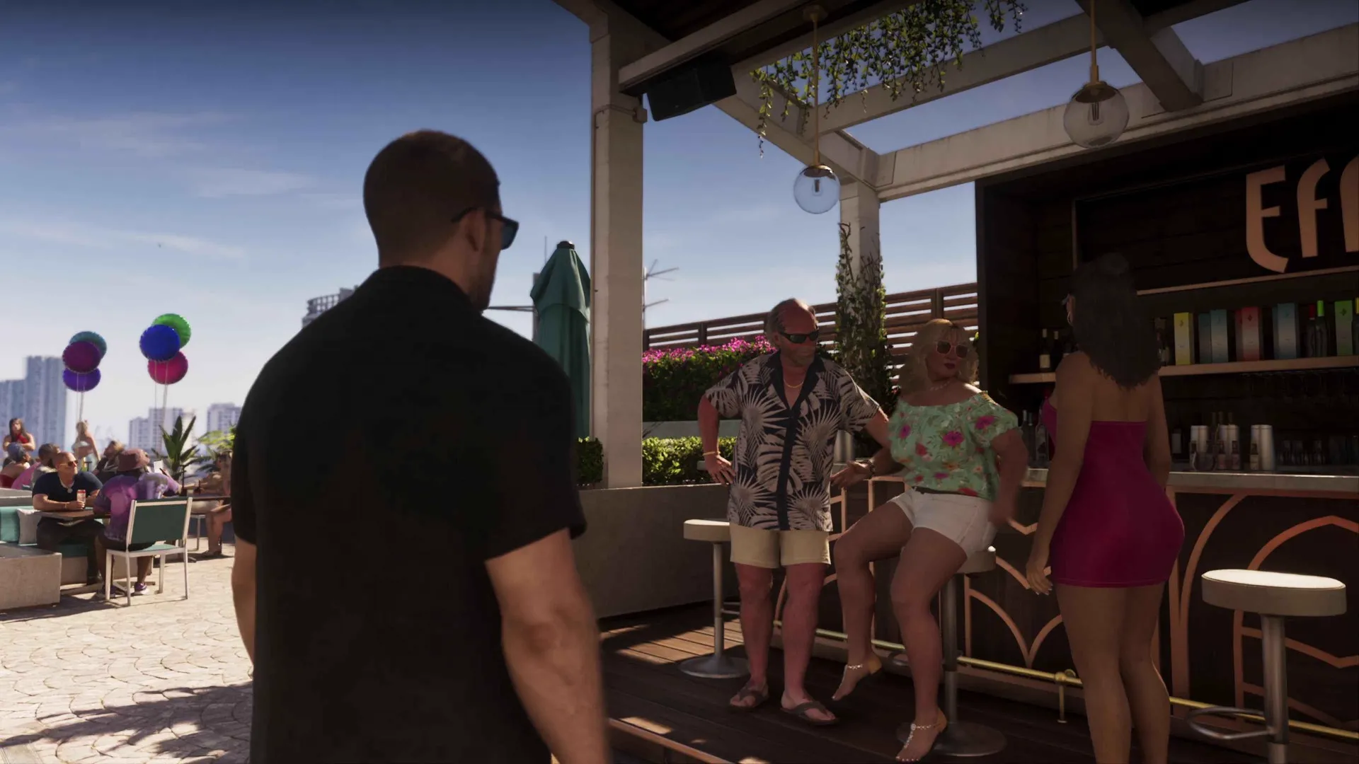 Jason in a dark polo shirt walking towards a GTA 6 rooftop bar where an older man in a tropical shirt chats with two women, with balloons and a city skyline behind the terrace