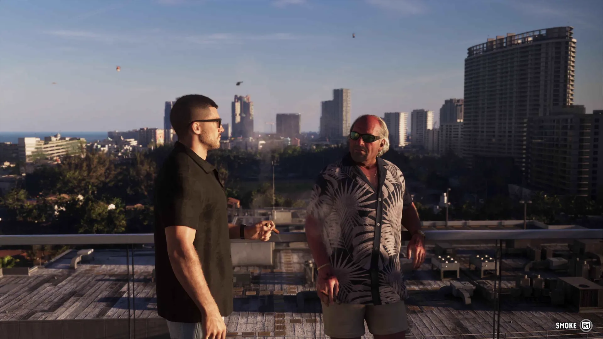 Jason talks with a grey-haired man in a palm print shirt on a rooftop deck above the GTA 6 city skyline, with a Smoke R1 prompt on screen