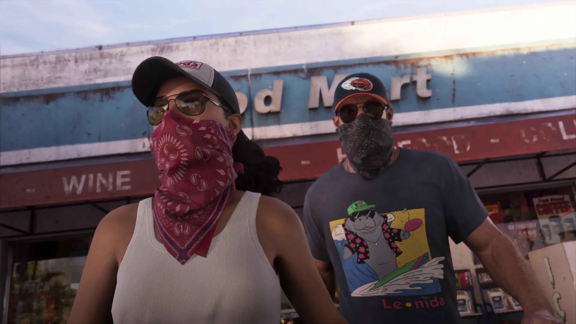 Lucia in a trucker cap, aviators and pink paisley bandana stands beside Jason in a grey bandana and manatee T-shirt outside a weathered Food Mart in GTA 6
