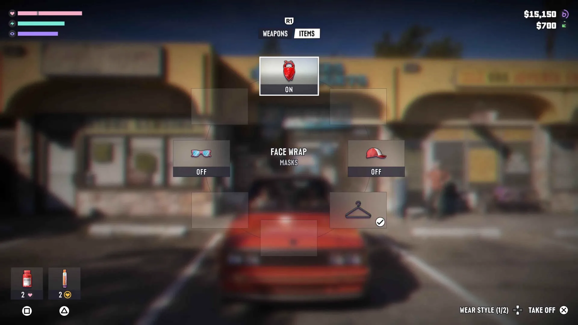 The GTA 6 item wheel open on the Masks category with a red Face Wrap toggled on, sunglasses and a cap set to off and a coat hanger icon ticked beside a blurred red car