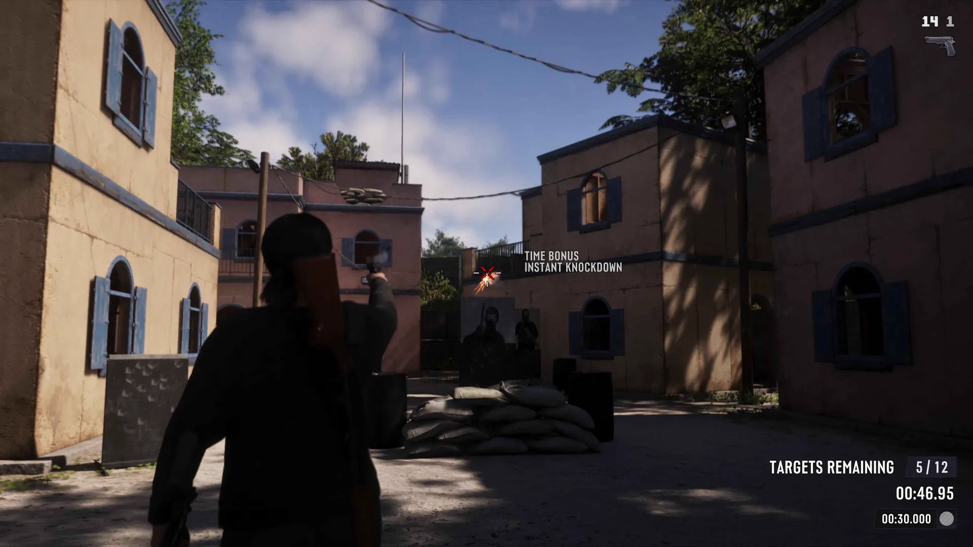 Jason firing a pistol one-handed at cardboard silhouette targets behind sandbags in a GTA 6 compound of tan buildings, with a Time Bonus Instant Knockdown message, a 5 of 12 targets remaining counter and a timer on screen