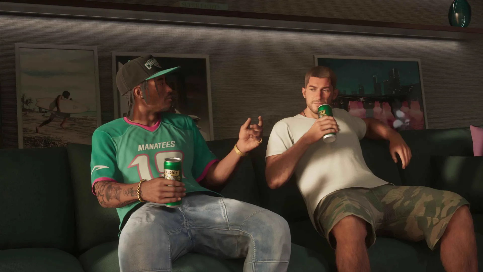 Jason drinks a canned beer on a green couch in GTA 6 beside a man in a cap and teal Manatees jersey
