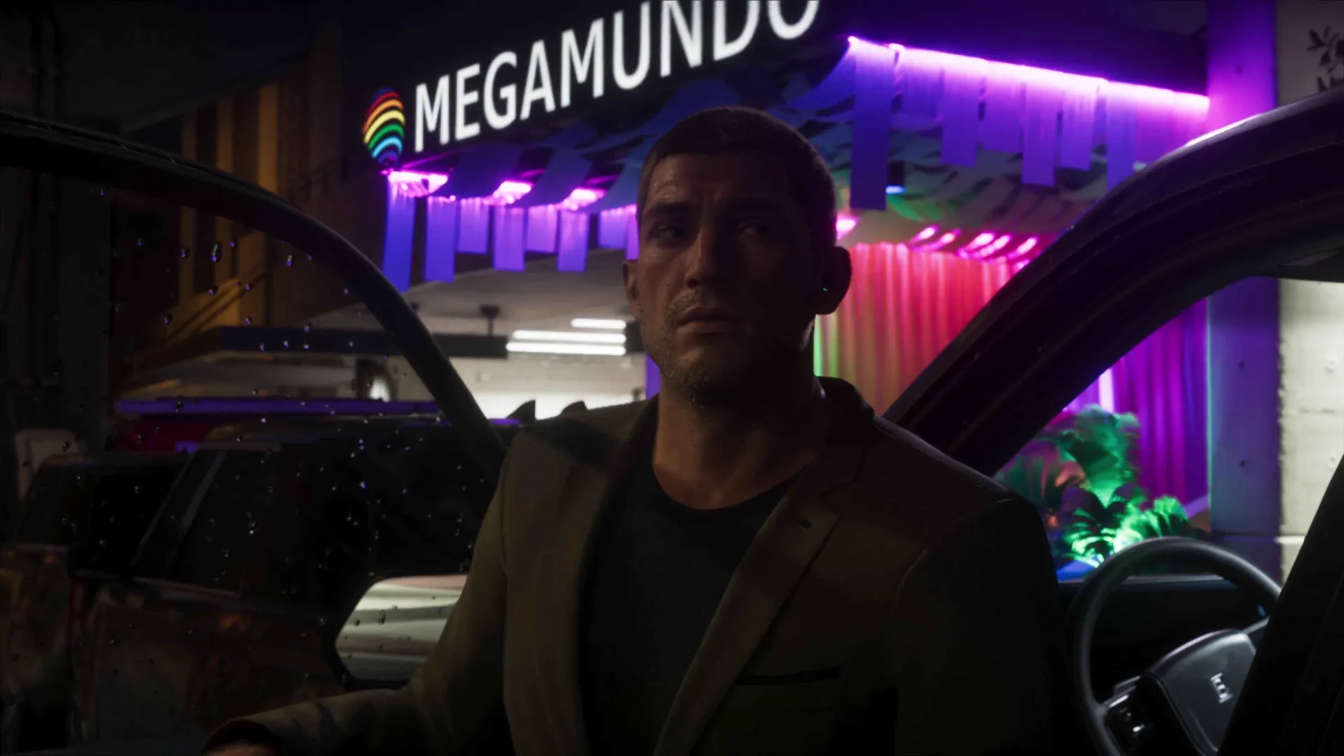 Guests arriving kerbside under the Megamundo sign on gala night in GTA 6.