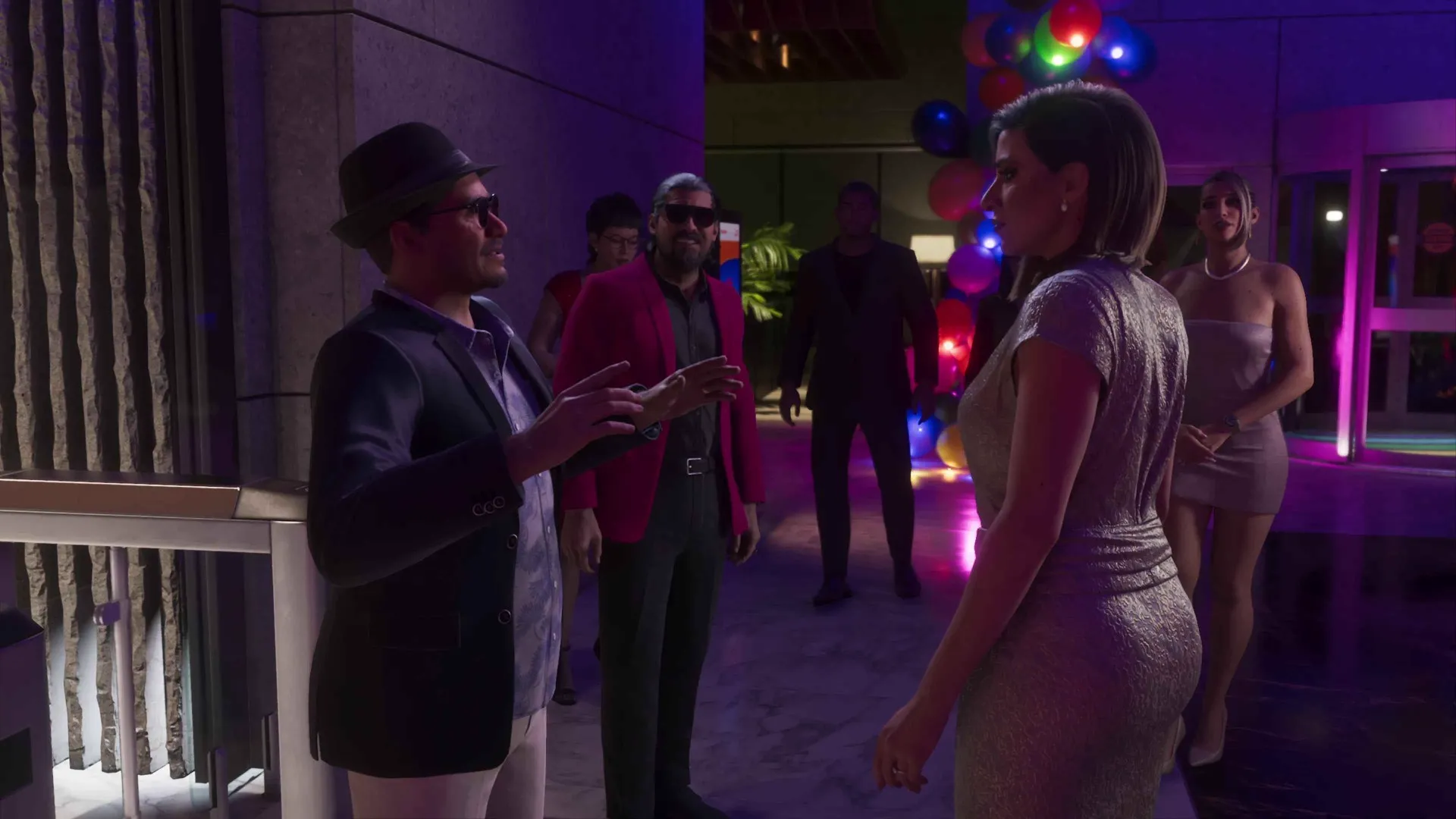 Gala crowd in suits and cocktail dresses at the Megamundo party in GTA 6.