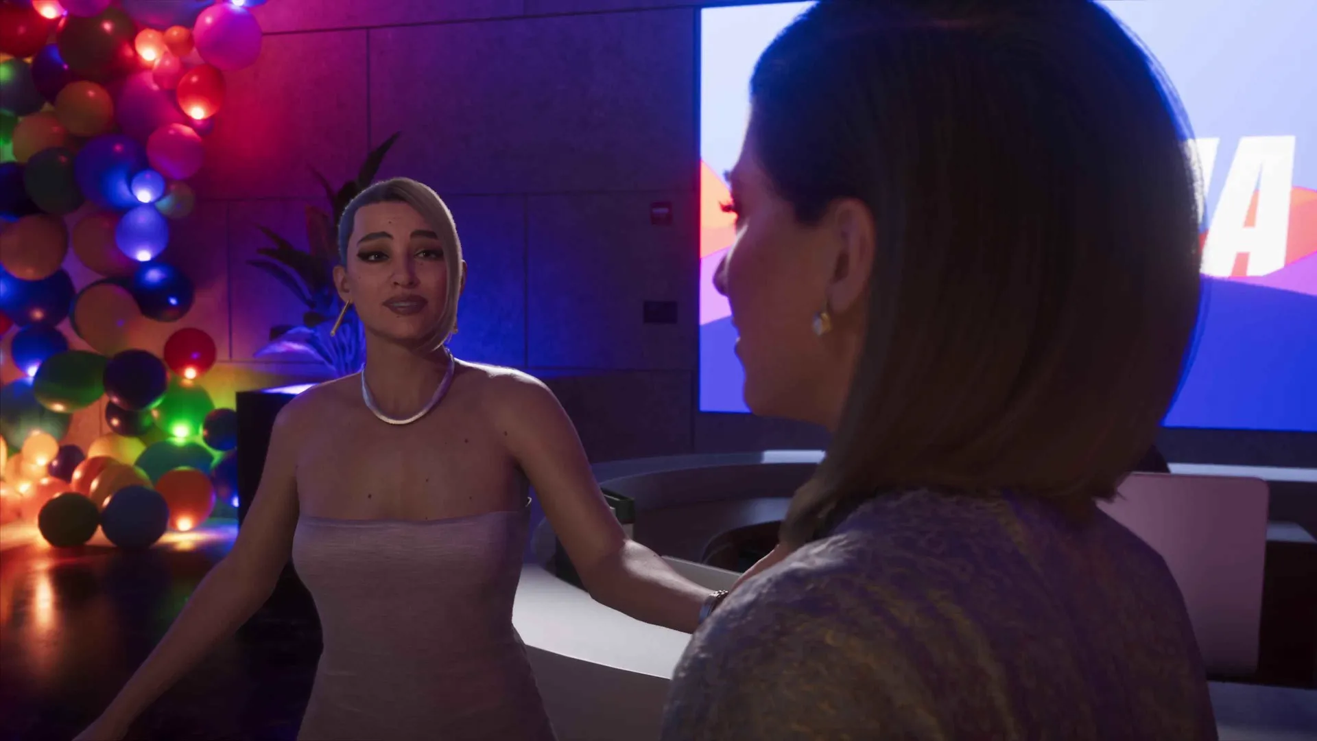 Guests mingle beneath a giant screen at the Mega Mundo gala in the GTA 6 Extended Look
