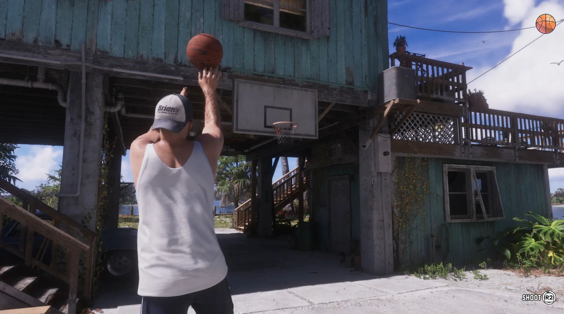 Jason shooting hoops at a basketball hoop mounted on a stilt house in GTA 6