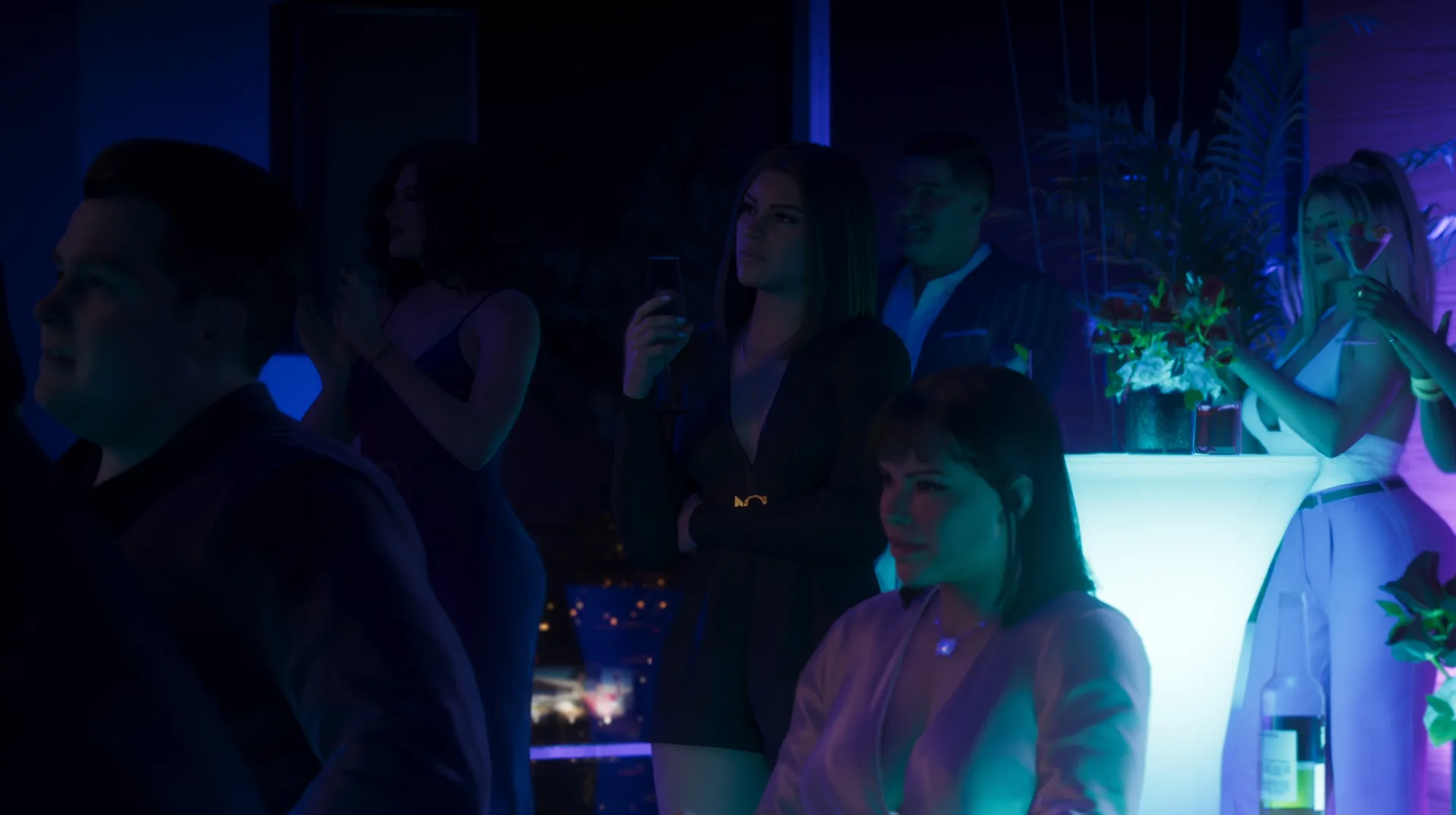 A packed dark nightclub in GTA 6 with phones held up towards the stage