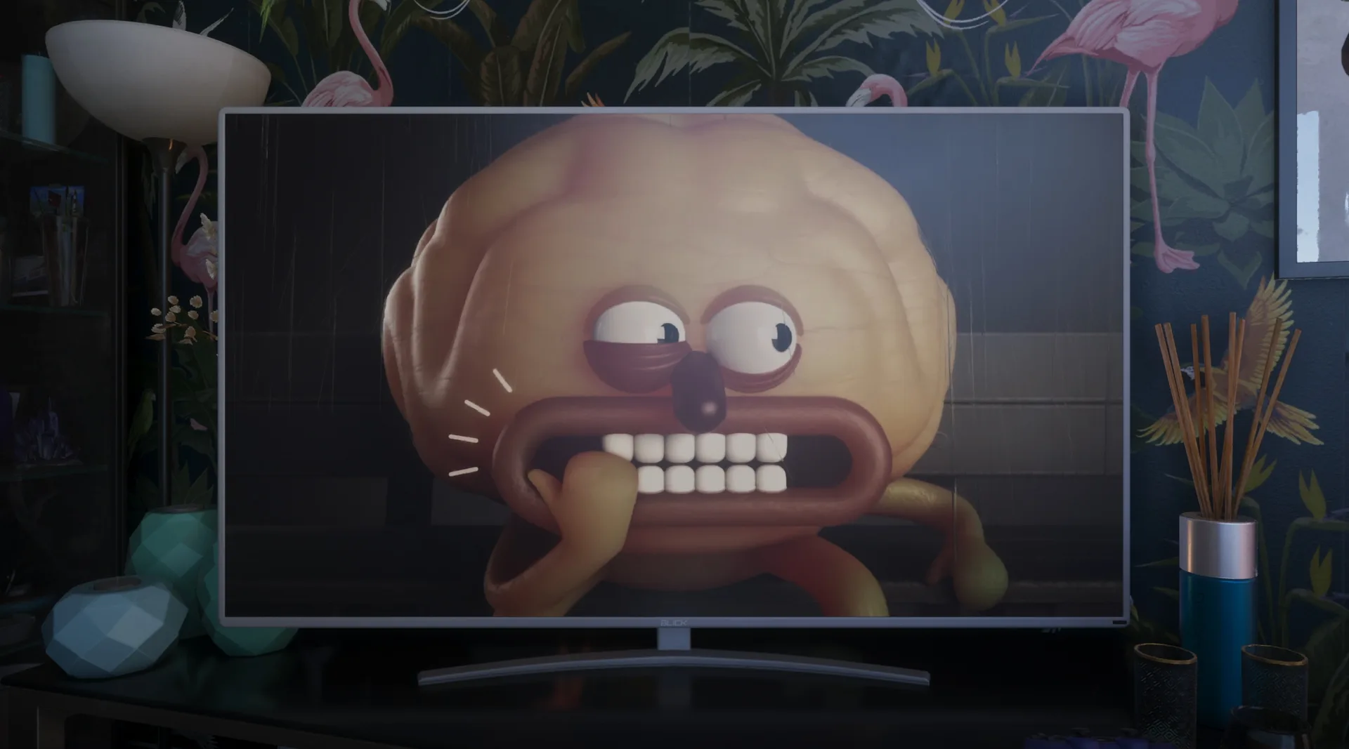 A grimacing cartoon character on a living room television inside GTA 6