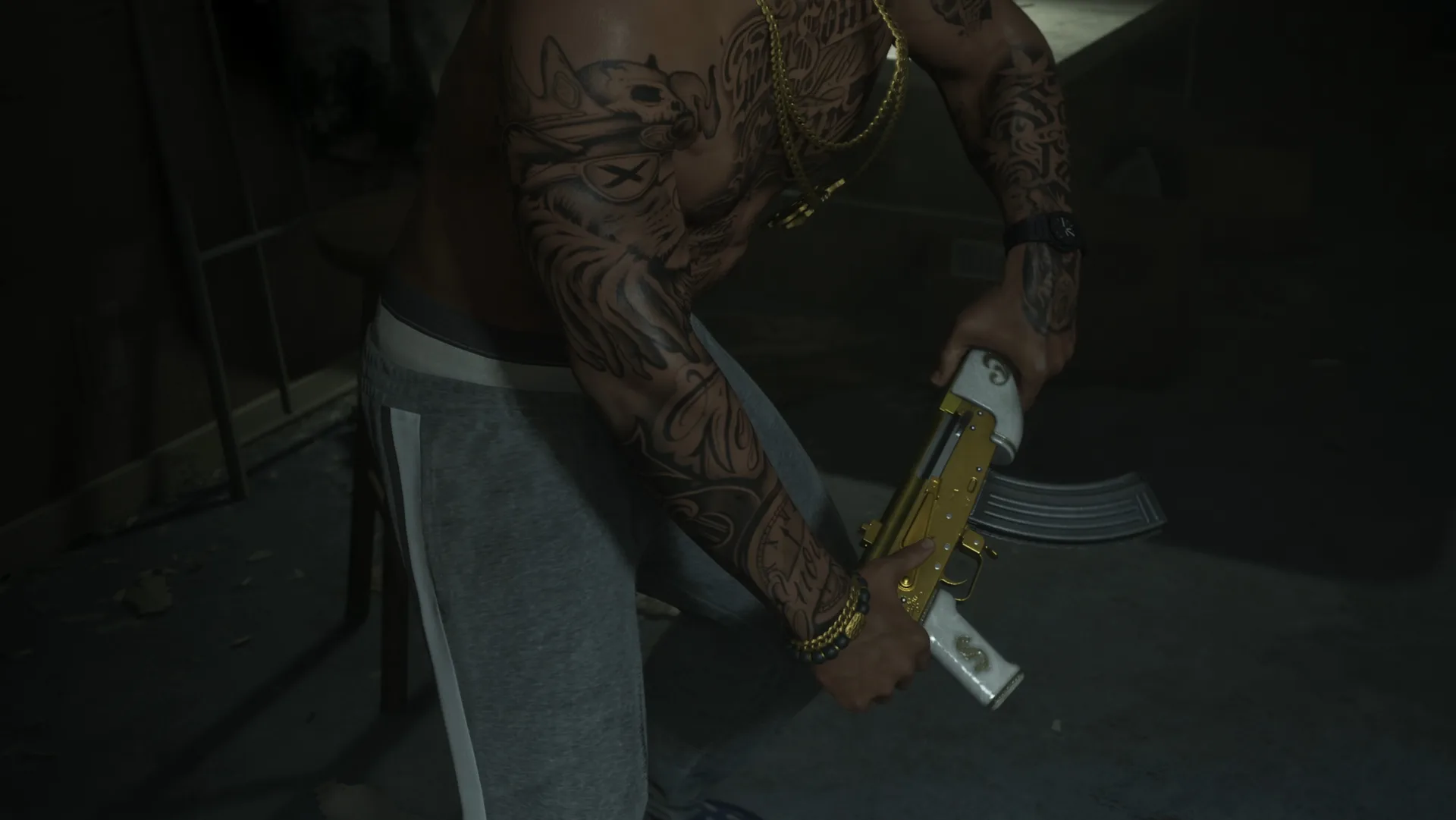A heavily tattooed character holding a gold plated rifle in GTA 6