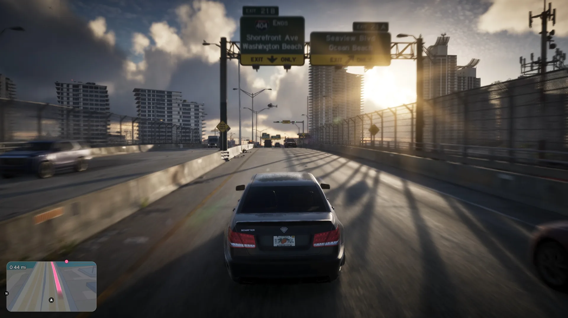 Driving towards Washington Beach at sunset on a GTA 6 highway with signage overhead