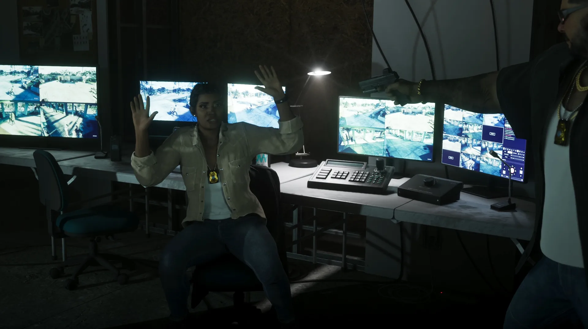 A man raises his hands in a CCTV monitoring room full of screens in GTA 6