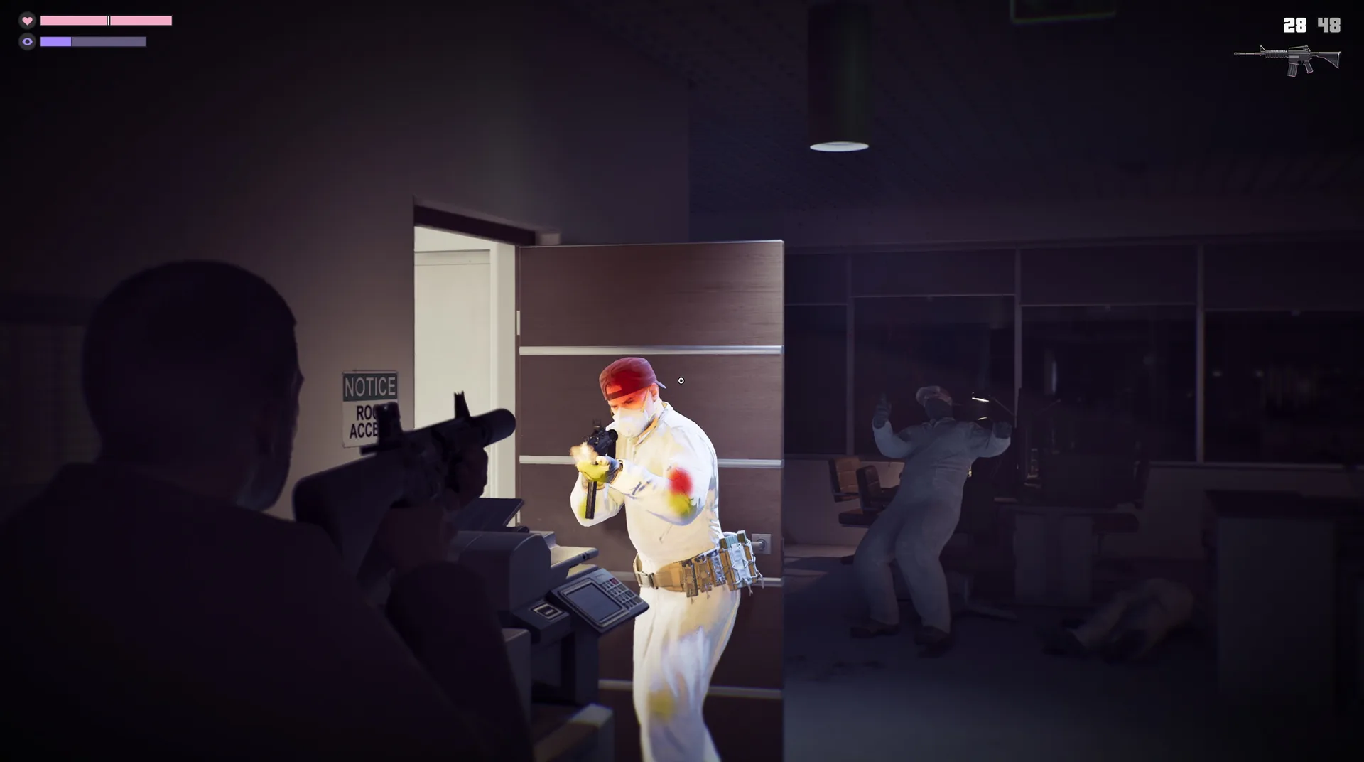 A gunfight against attackers in white suits inside a GTA 6 interior