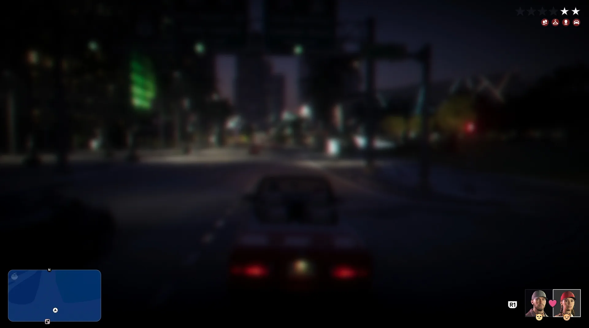 A night chase through dense city streets in GTA 6 with the minimap visible
