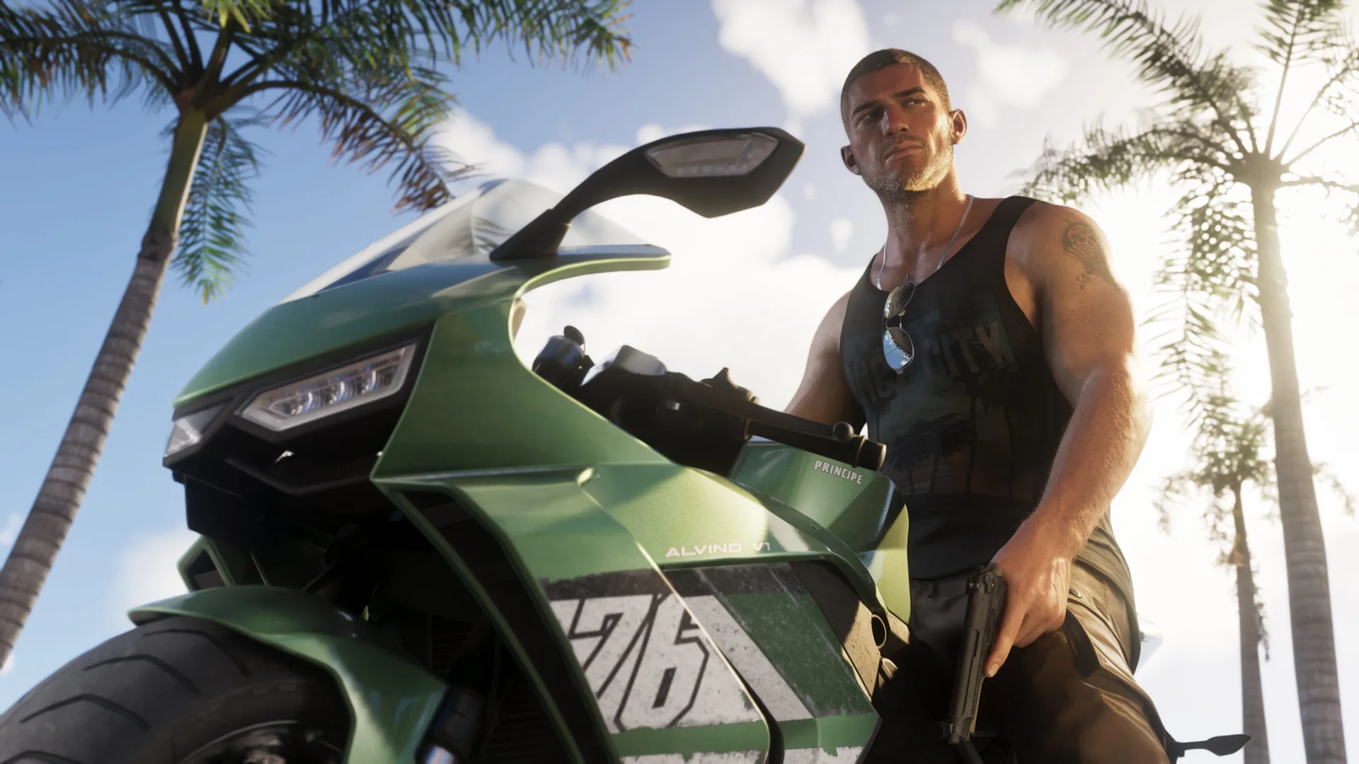 Jason sits on a green Principe Alvino V1 sports bike between palm trees in GTA 6, holding a pistol at his side.