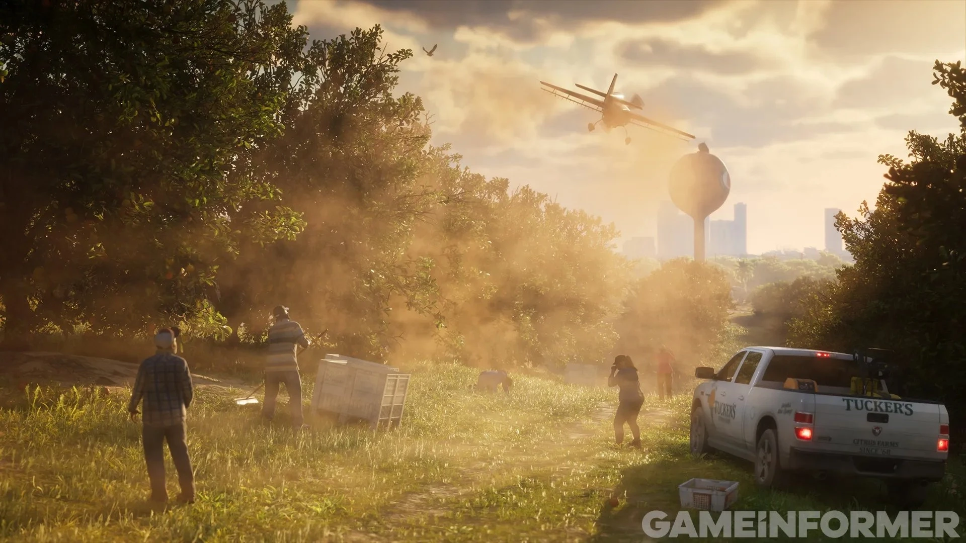 A crop duster flies low over rows of orange trees at Tucker Citrus Farms as workers cover their faces in GTA 6