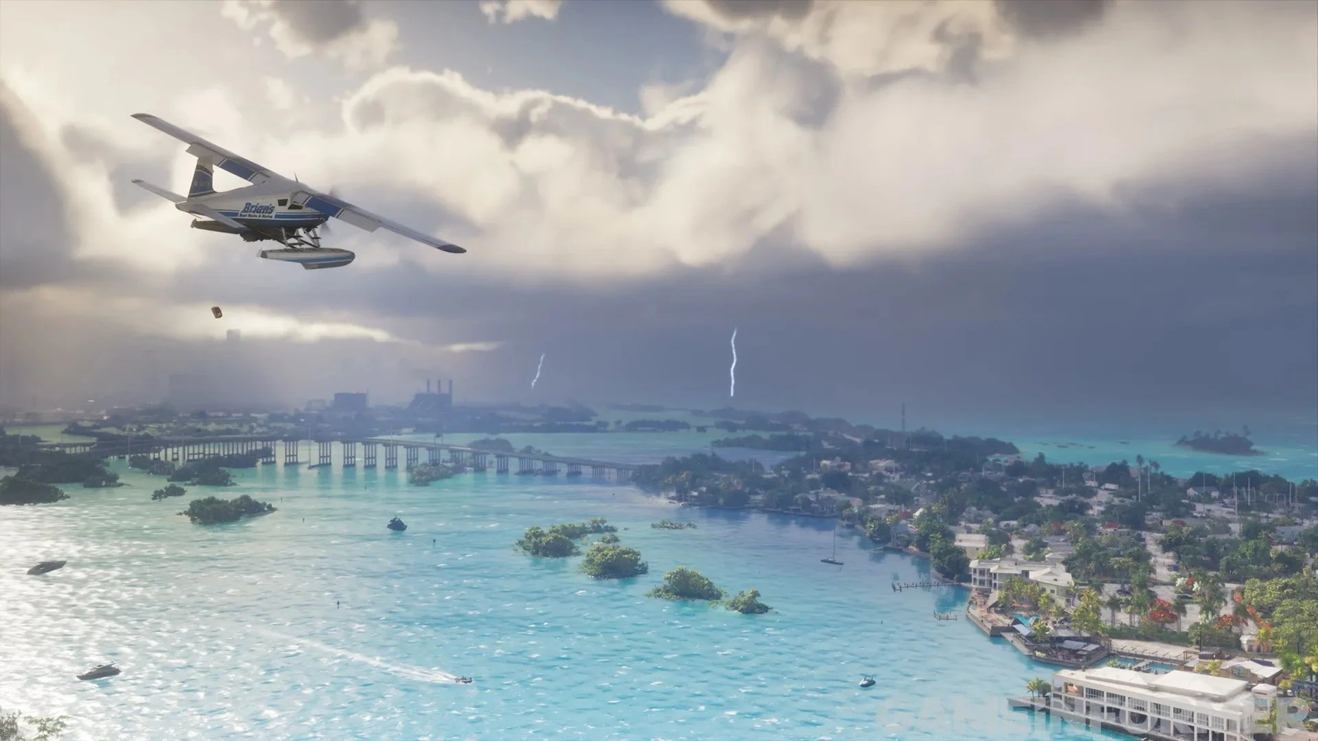 A seaplane flies low over the Leonida Keys as a massive storm wall builds over the ocean in GTA 6