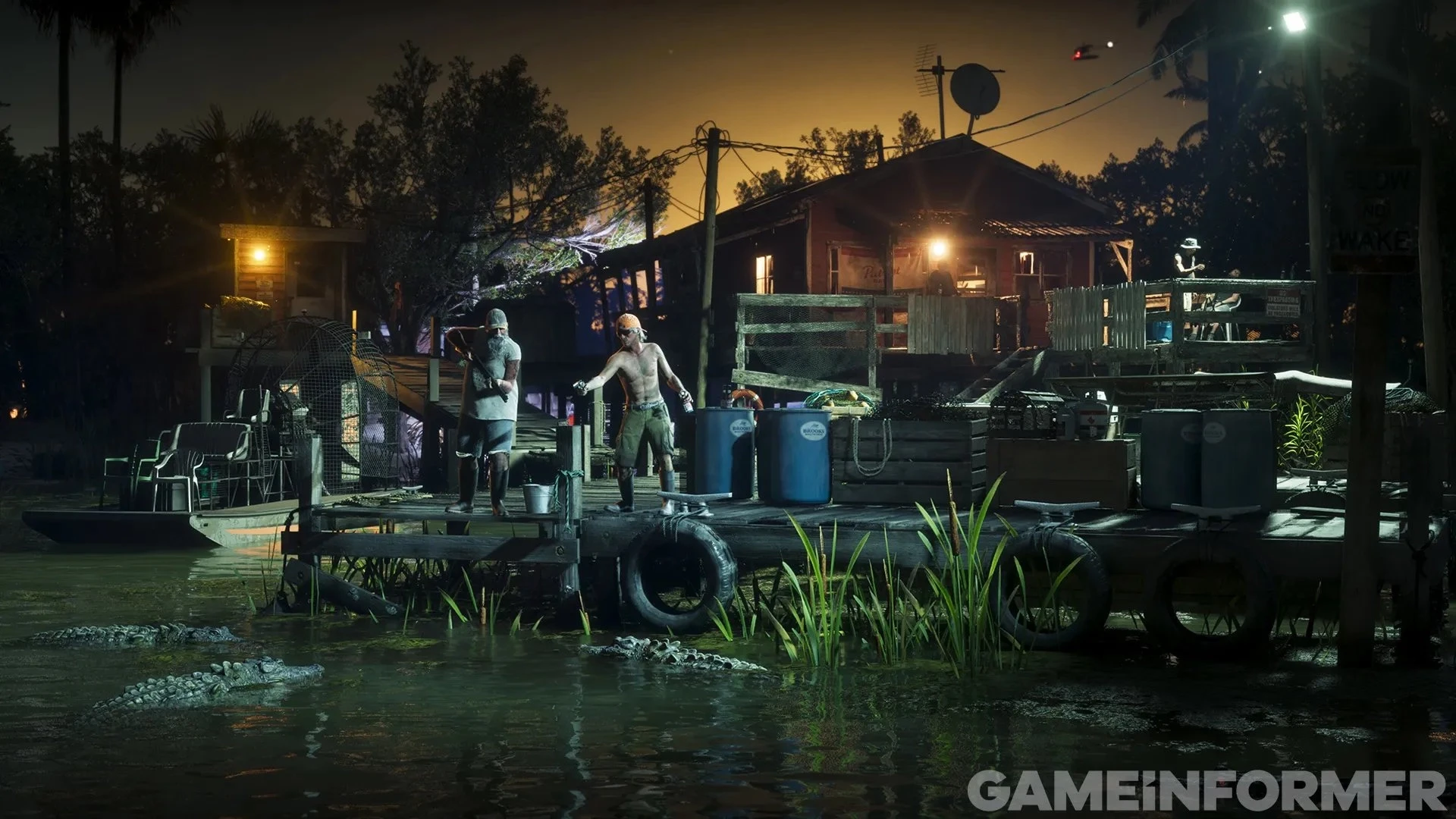An alligator surfaces beside a night dock in the Grassrivers as armed men watch from the boardwalk in GTA 6