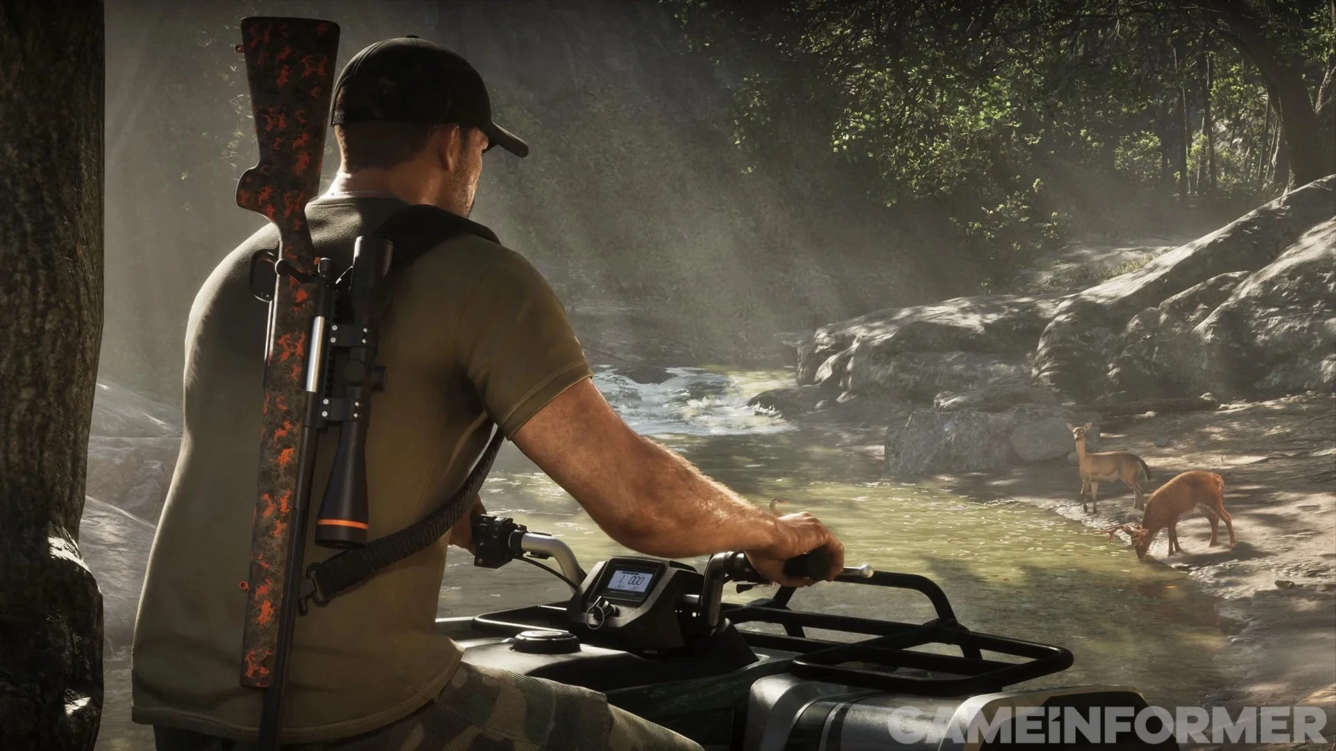 Jason sits on a quad bike with a camo bolt-action rifle racked on the front as two deer drink from a creek in GTA 6