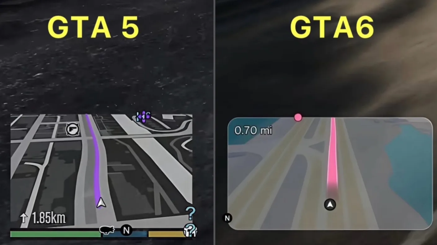 A side by side comparison image labelled GTA 5 and GTA6 shows the old flat minimap next to the new 3D minimap with a pink route line.
