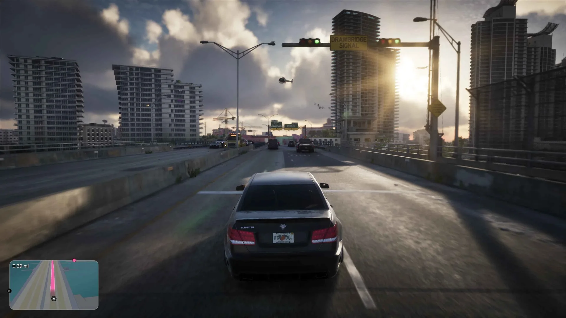 A dark saloon car approaches a drawbridge at sunset in GTA 6 while the minimap shows a pink route line and a 0.39 mile readout.
