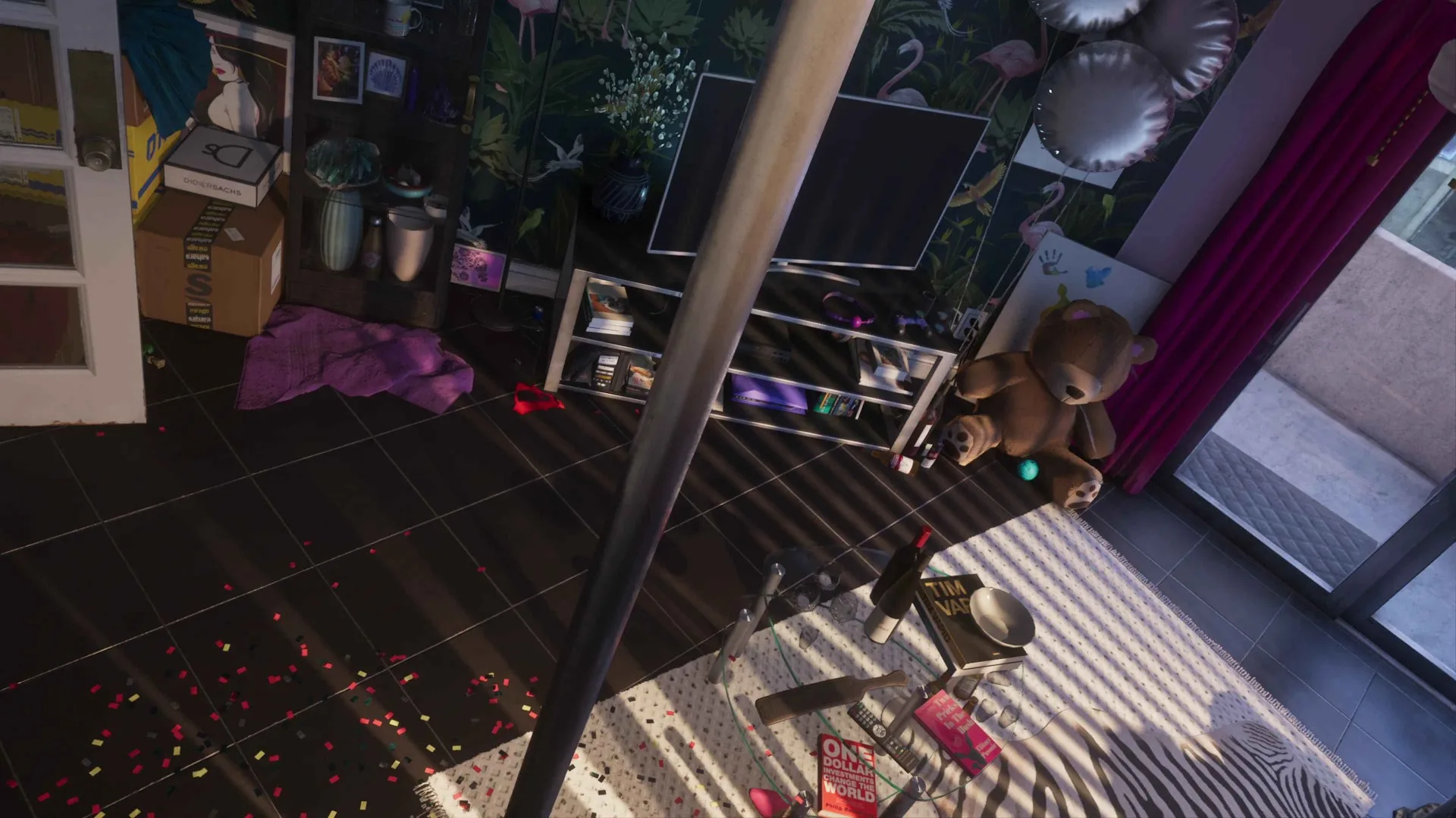 A cluttered GTA 6 apartment with a dance pole, a teddy bear, silver balloons, confetti on the floor and a television on a stand.