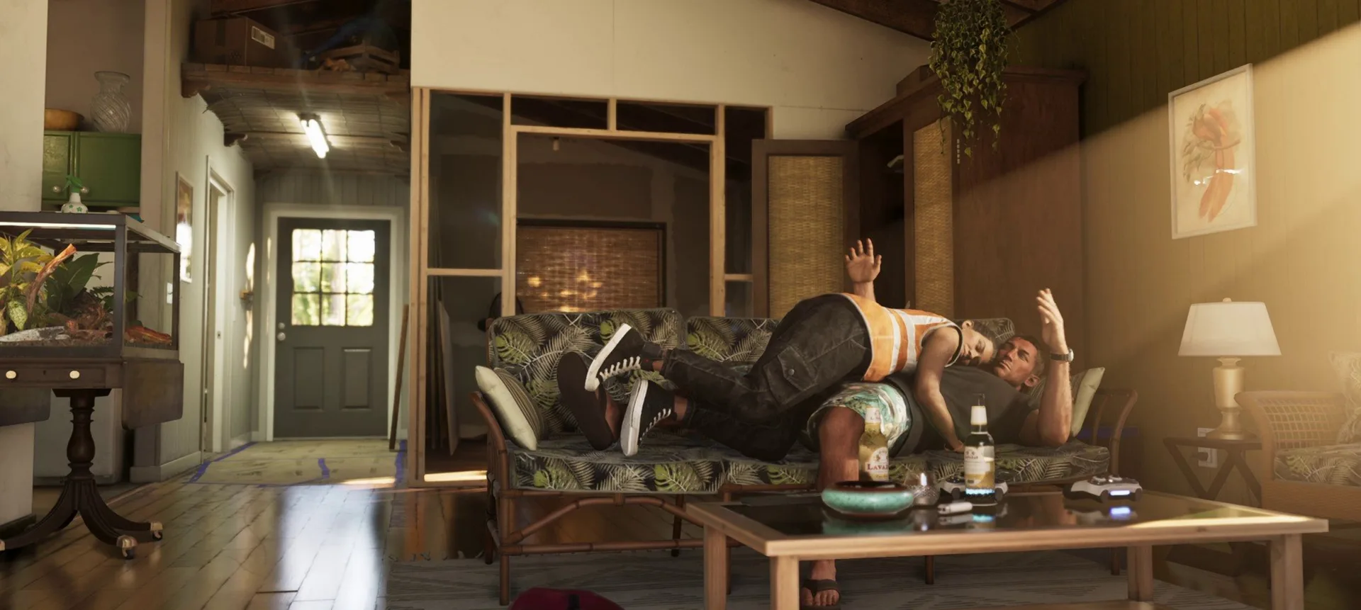 Jason and Lucia lie together on a floral sofa in the wooden living room of a beach house in GTA 6.