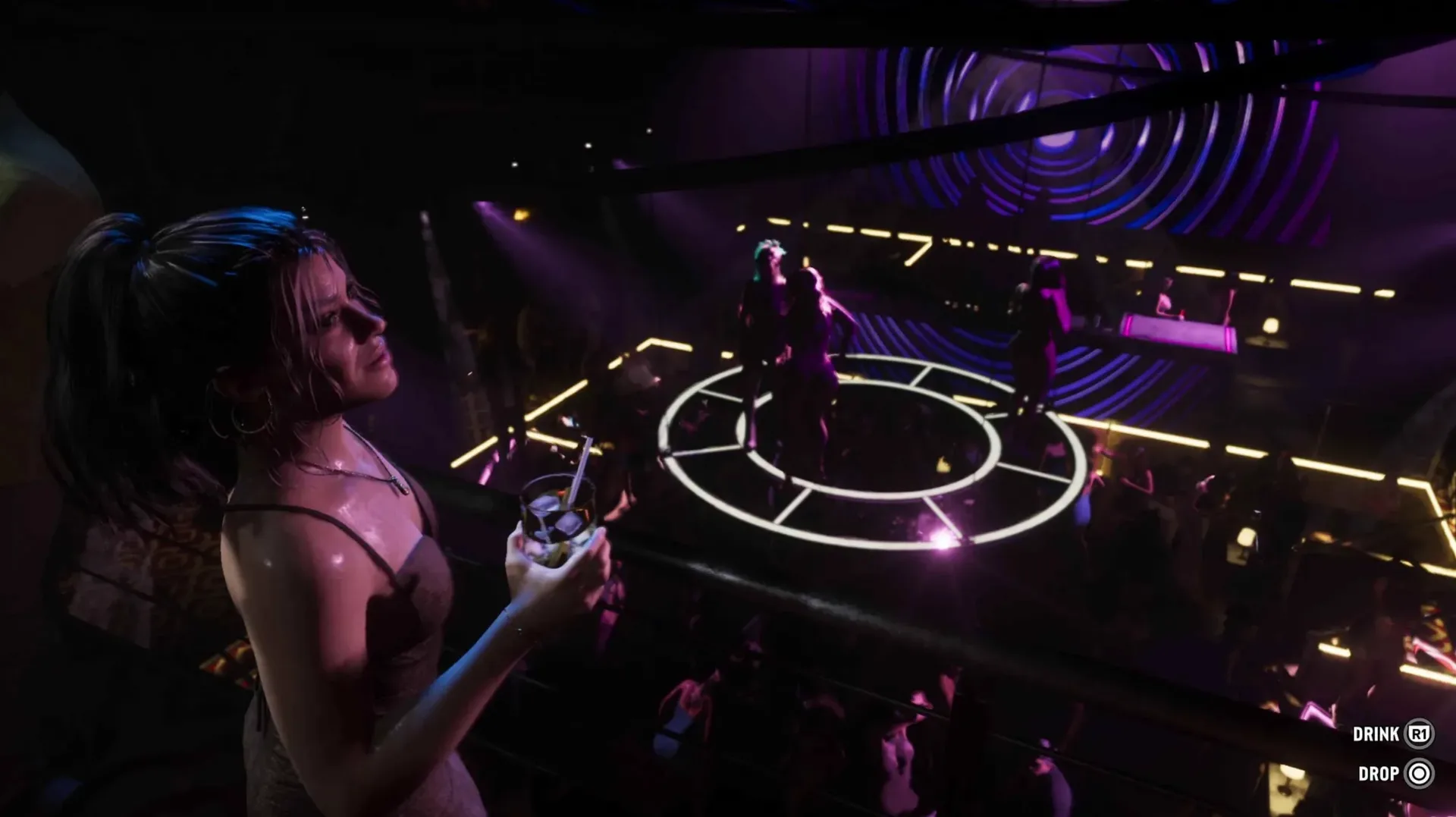 Lucia holds a drink on a balcony above a crowded neon lit nightclub dance floor in GTA 6, with Drink and Drop prompts on screen.
