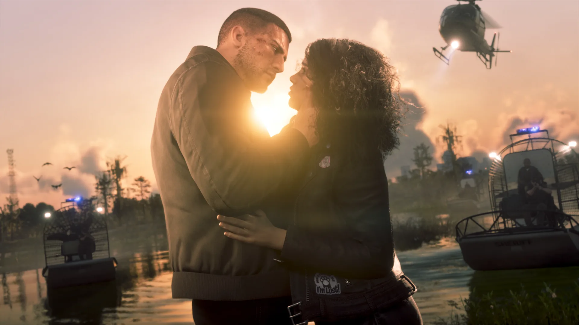 Jason and Lucia embrace at sunset as airboats close in behind them in GTA 6