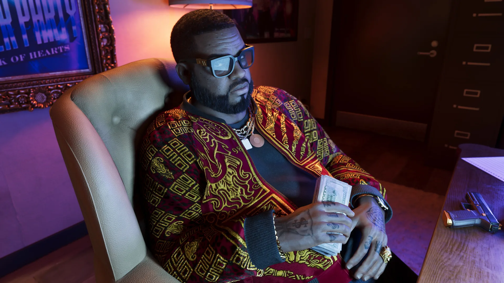 A bearded man in an embroidered robe and sunglasses counts a stack of hundred dollar bills beside a pistol on a desk in GTA 6.