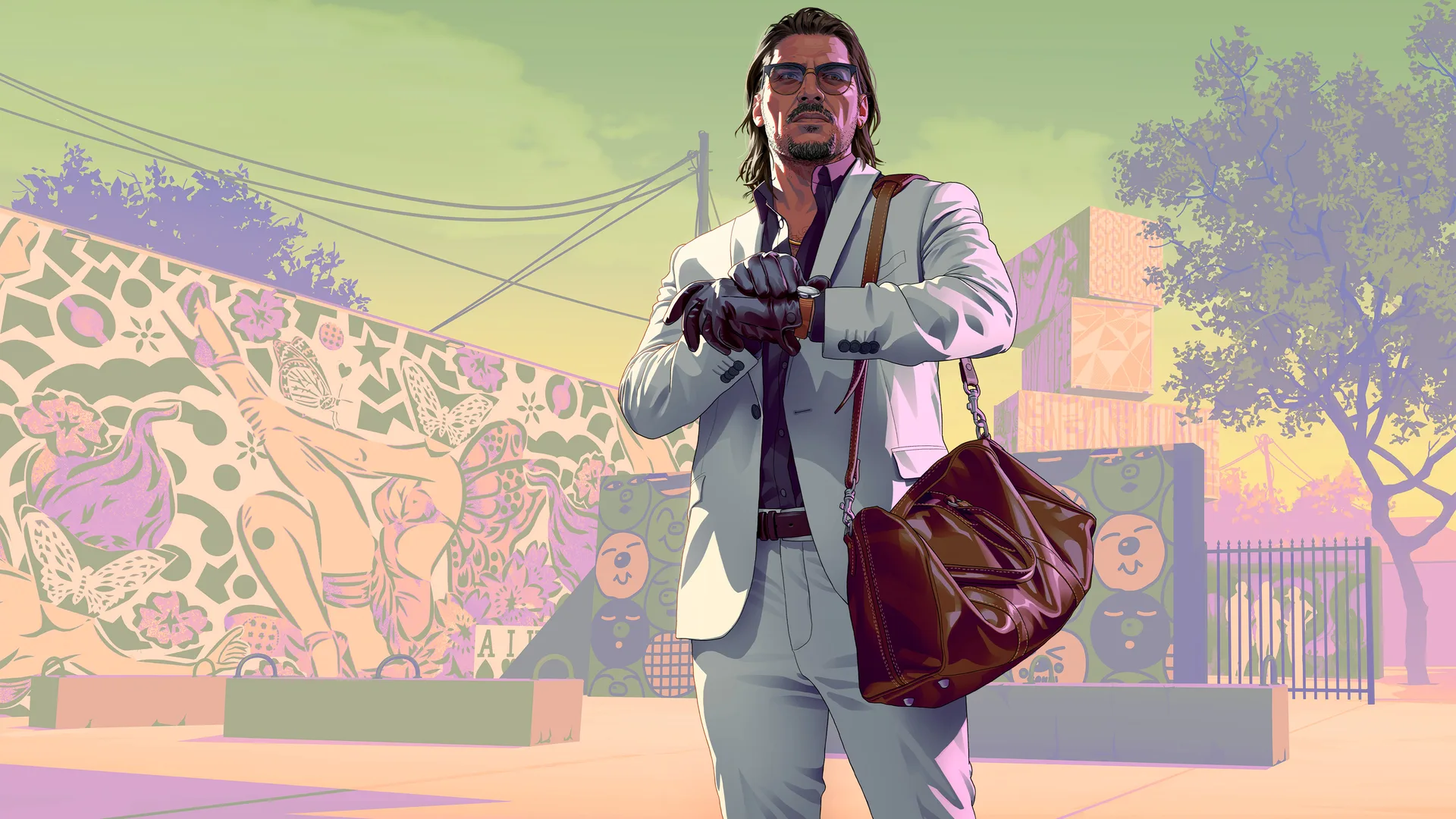 Stylised GTA 6 artwork of a long haired man in a white suit and leather gloves checking his watch while carrying a brown duffel bag.