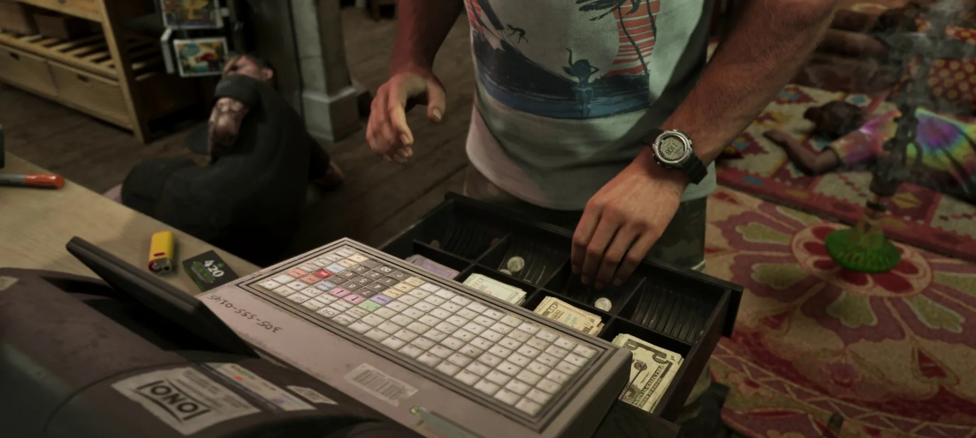 A man in a tropical shirt reaches into an open cash register drawer full of notes and coins during a shop robbery in GTA 6.