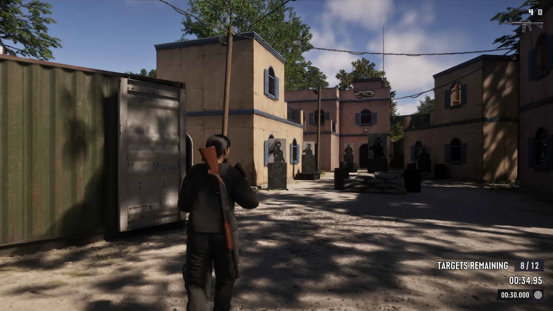 A character carrying a rifle walks through an outdoor shooting range in GTA 6 with a targets remaining counter and timer on screen.