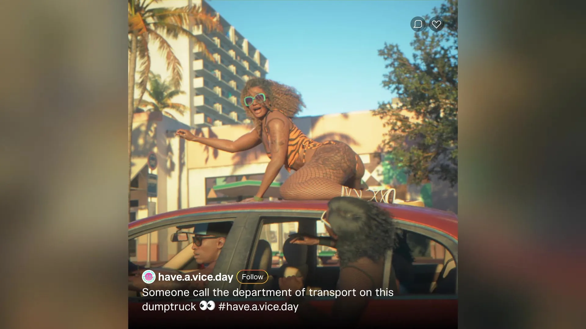 An in-game GTA 6 social feed post by have.a.vice.day shows a woman in green sunglasses dancing on the roof of a red car in traffic.