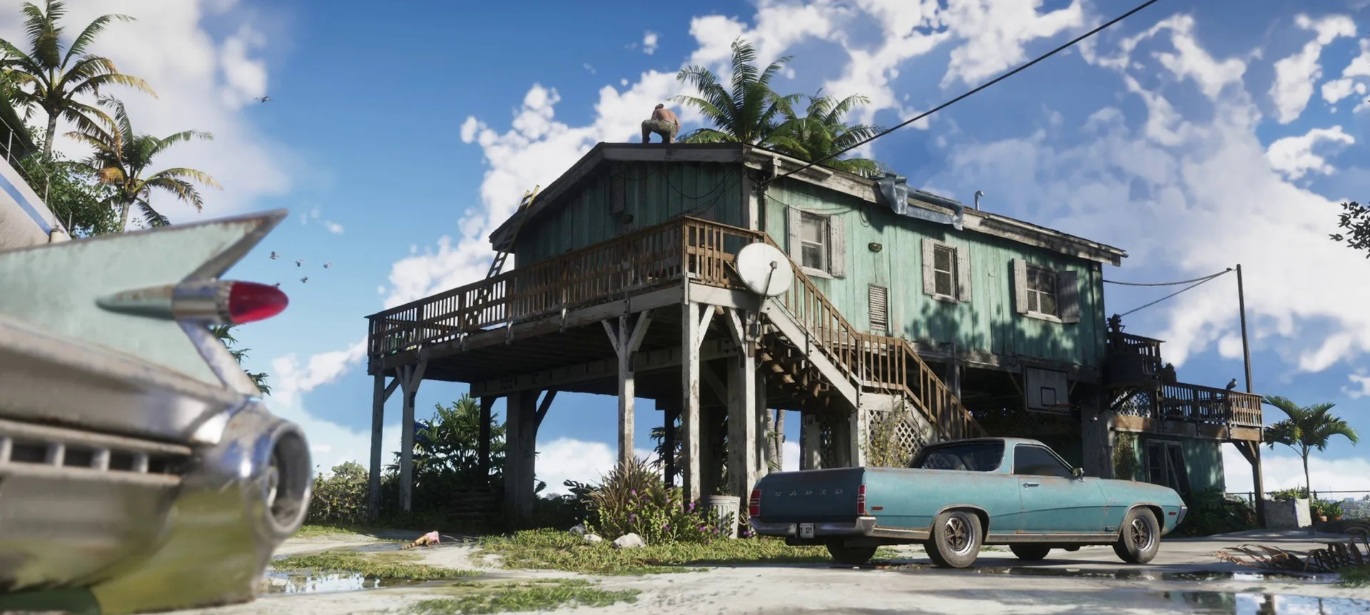 A weathered turquoise stilt house in the Leonida Keys in GTA 6 with a man crouching on the roof and an old pickup parked below.