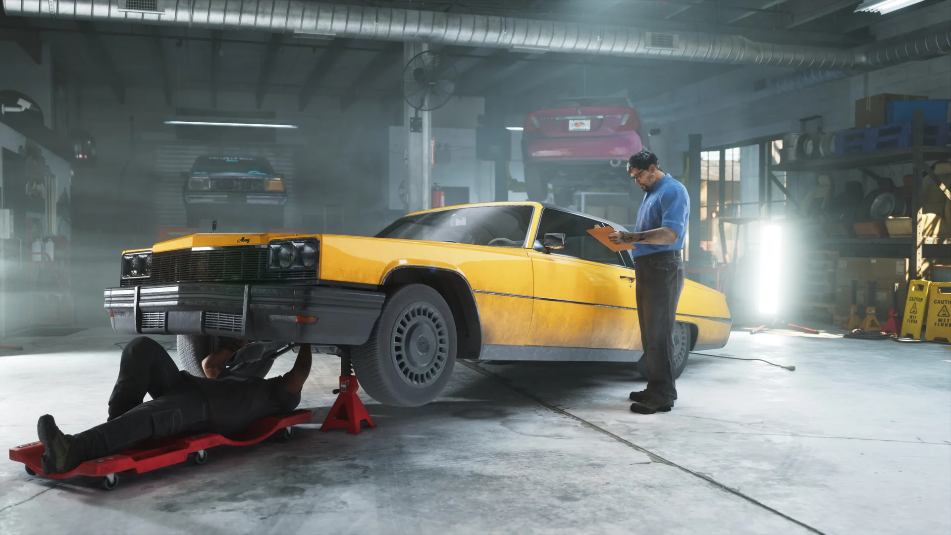 Two mechanics service a yellow coupe on jack stands and a red creeper trolley inside a workshop garage in GTA 6.