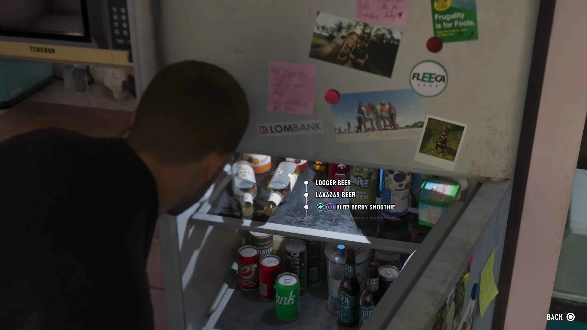 Jason leans into an open fridge in GTA 6 showing a selectable drinks list including Logger Beer and a Blitz Berry Smoothie with effect icons.