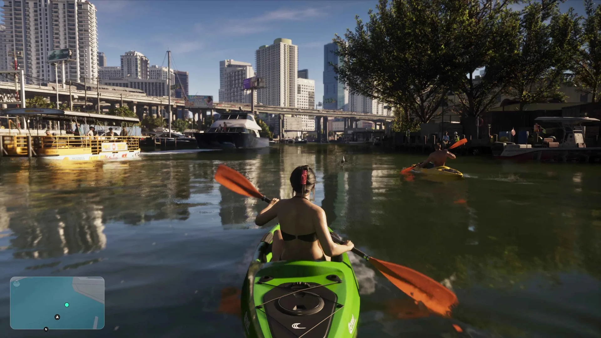 A woman in a black swimsuit paddles a green kayak past water taxis and boats under city bridges in GTA 6.