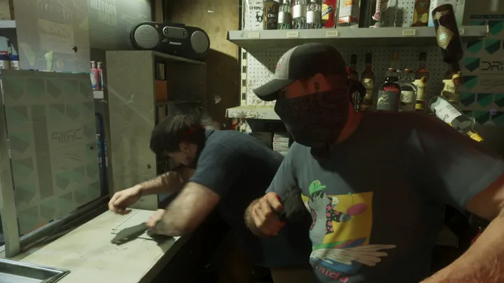 Bandana stickup at the counter
