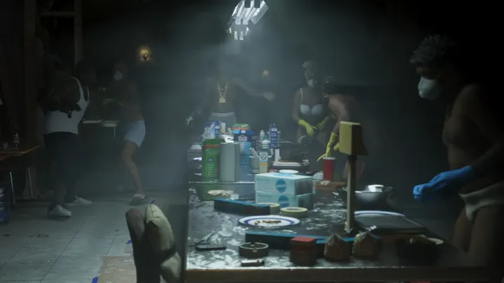 Masked crew in the drug den