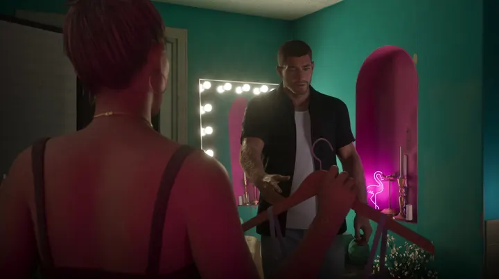 Jason by the neon flamingo