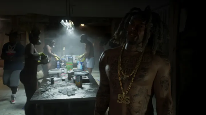 Bare chest by the counting table